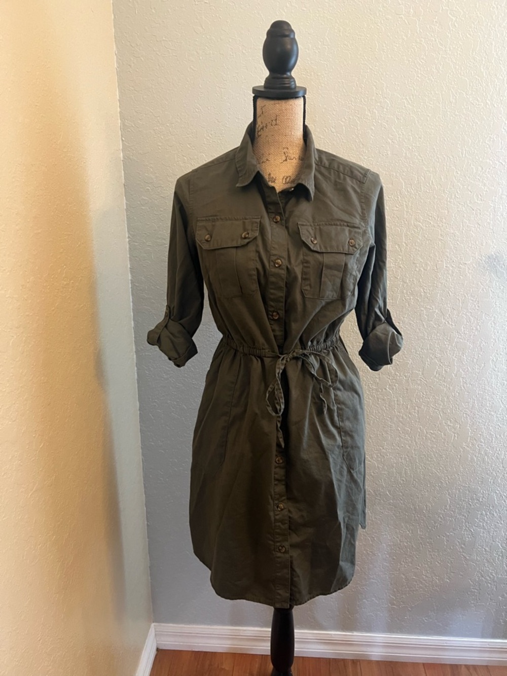 Time & Tru Button-down Shirt Dress with Drawstring Waist